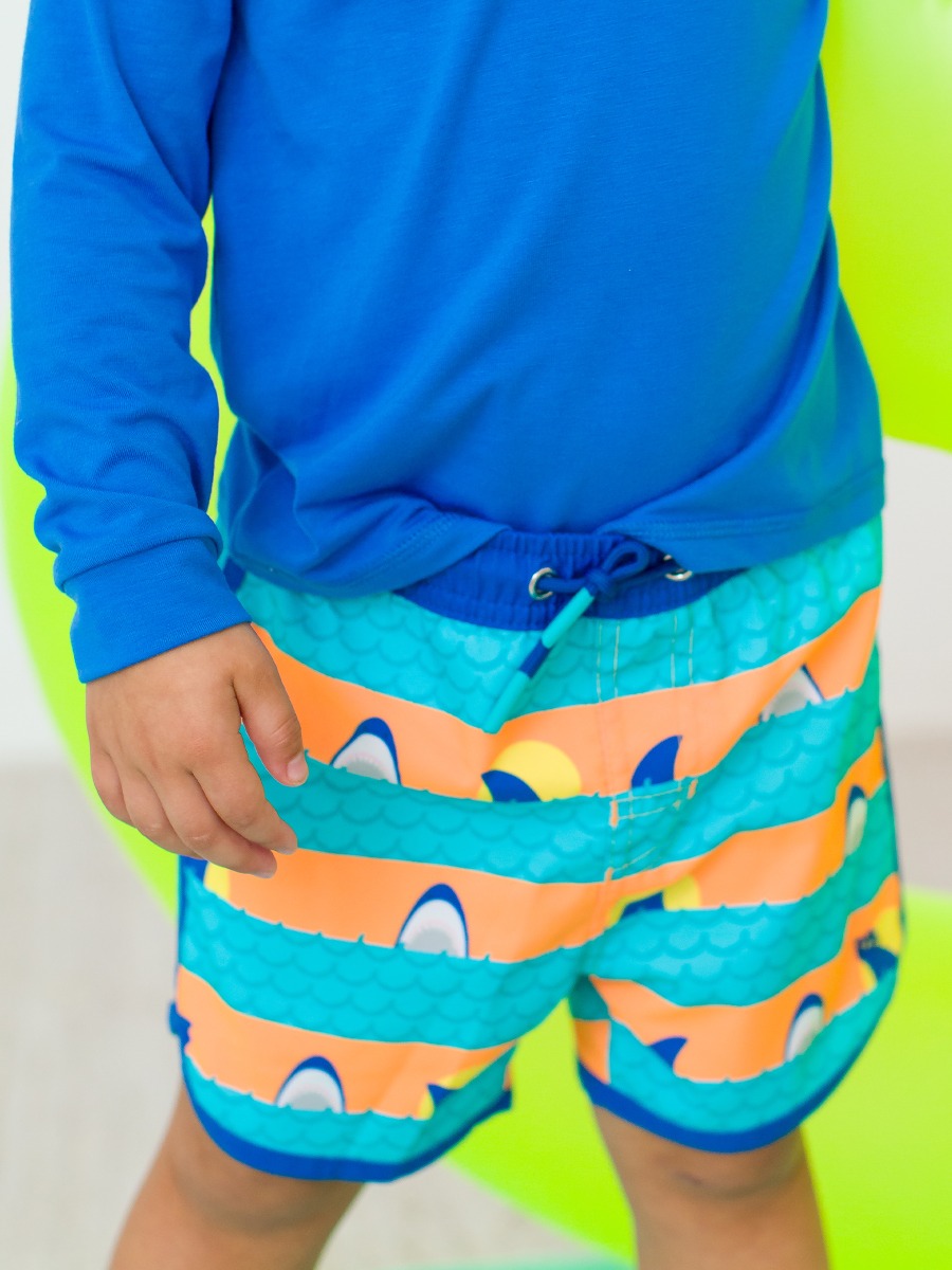 Neon Sharks & Stripes Dolphin Hem Swim Trunks