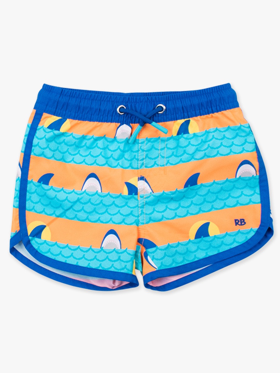 Neon Sharks & Stripes Dolphin Hem Swim Trunks
