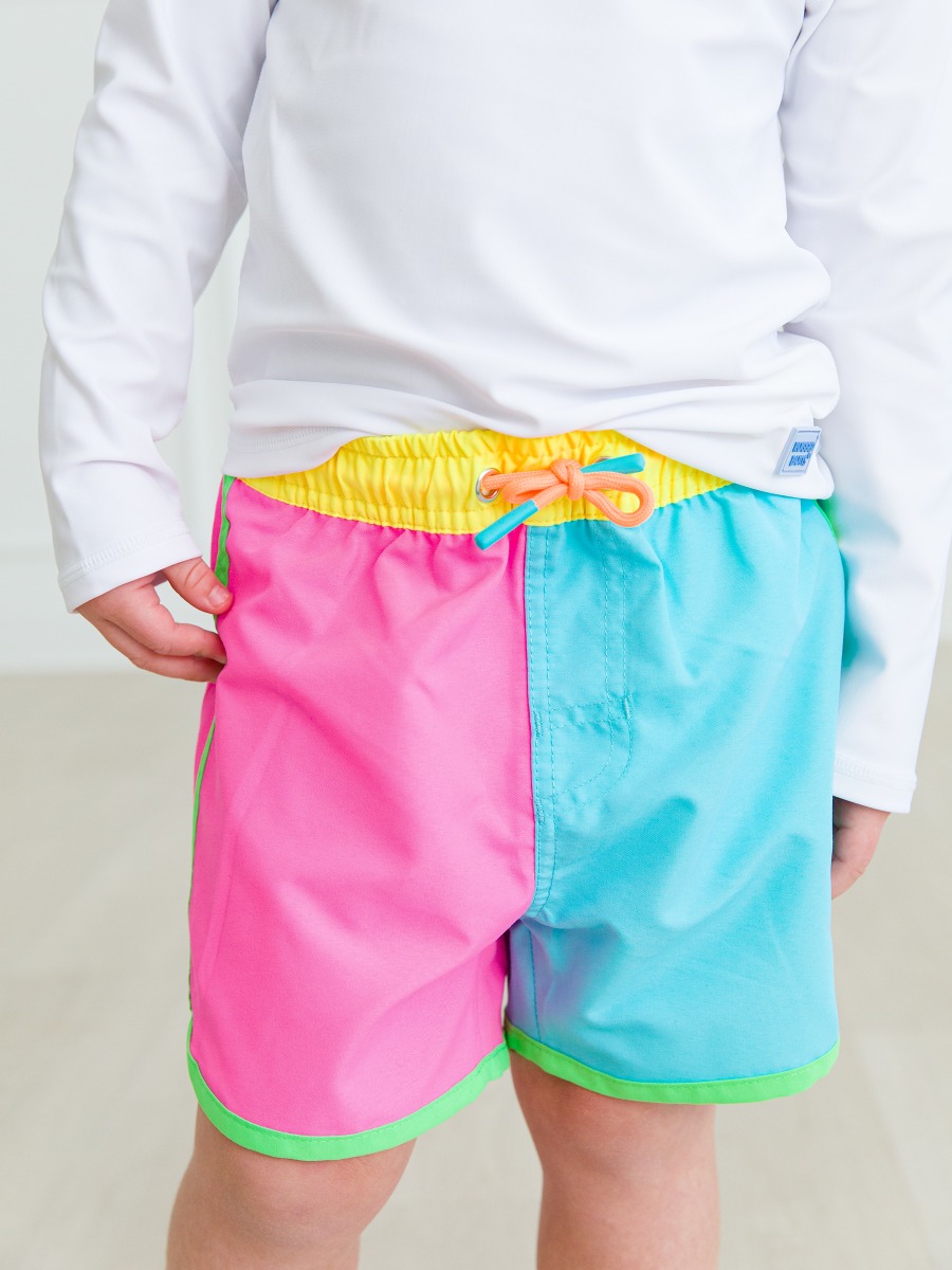 Neon Color Block Dolphin Hem Swim Trunks