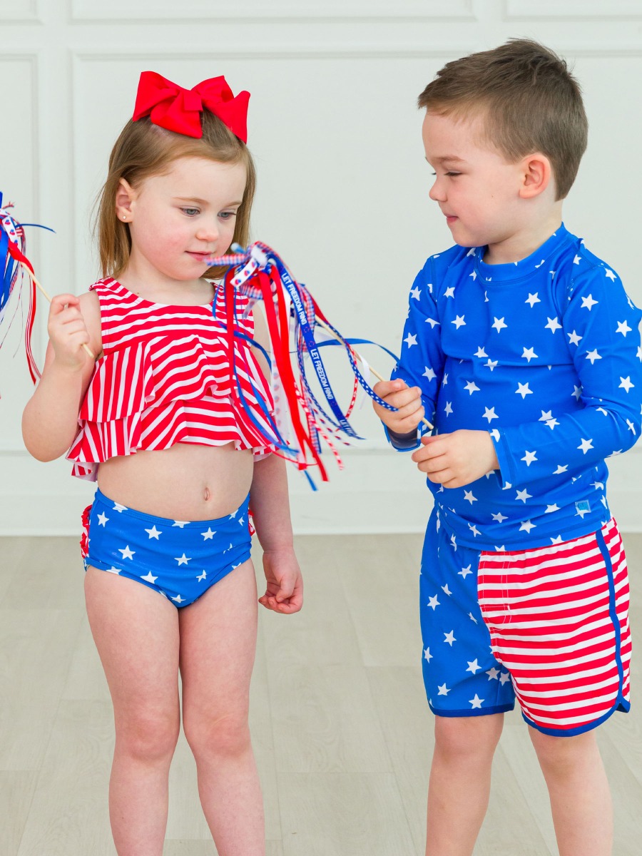 Stars & Stripes Dolphin Hem Swim Trunks