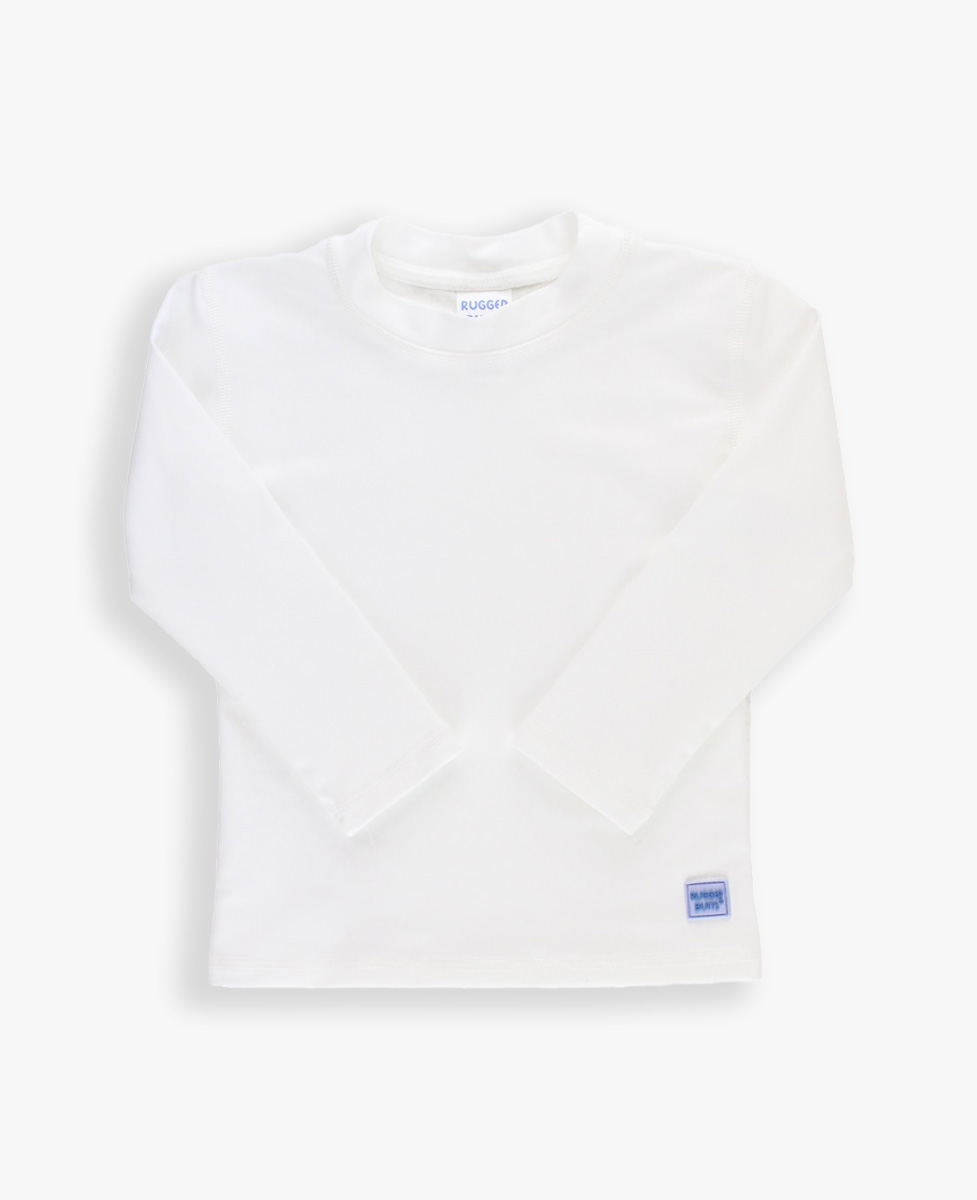 Line drawing of White Long Sleeve Rash Guard. A dotted circle indicates the approximate location for personalization.