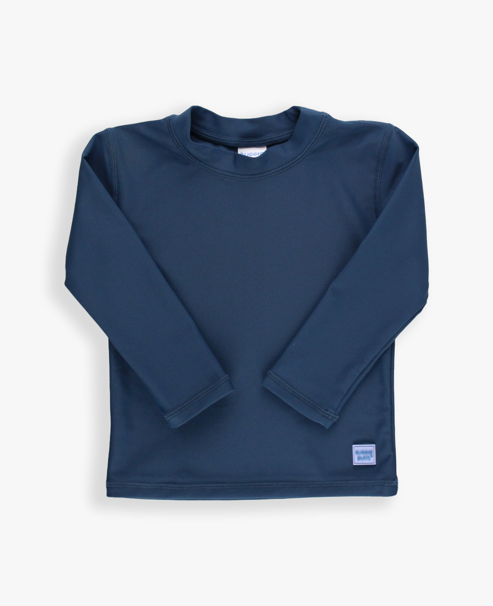 Line drawing of Navy Long Sleeve Rash Guard. A dotted circle indicates the approximate location for personalization.