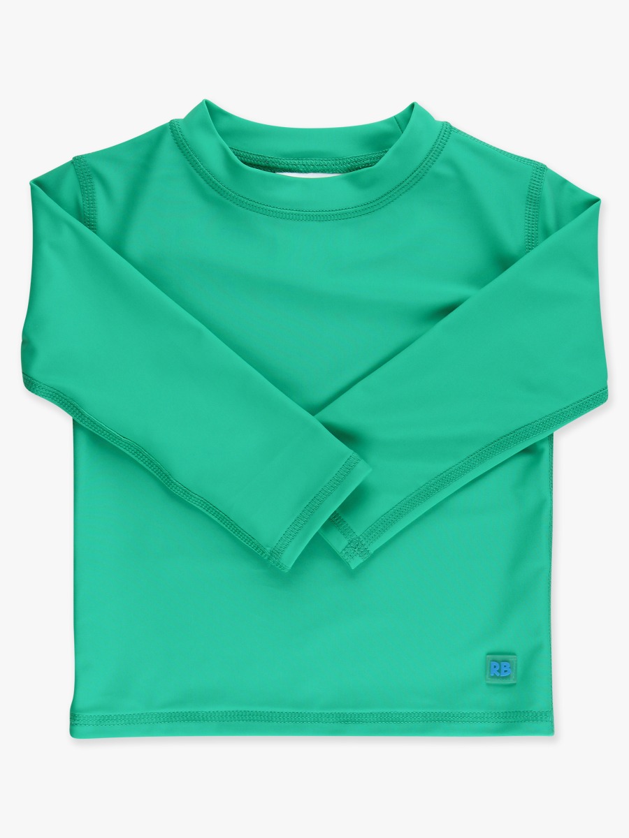 Line drawing of Bright Green Long Sleeve Rash Guard. A dotted circle indicates the approximate location for personalization.