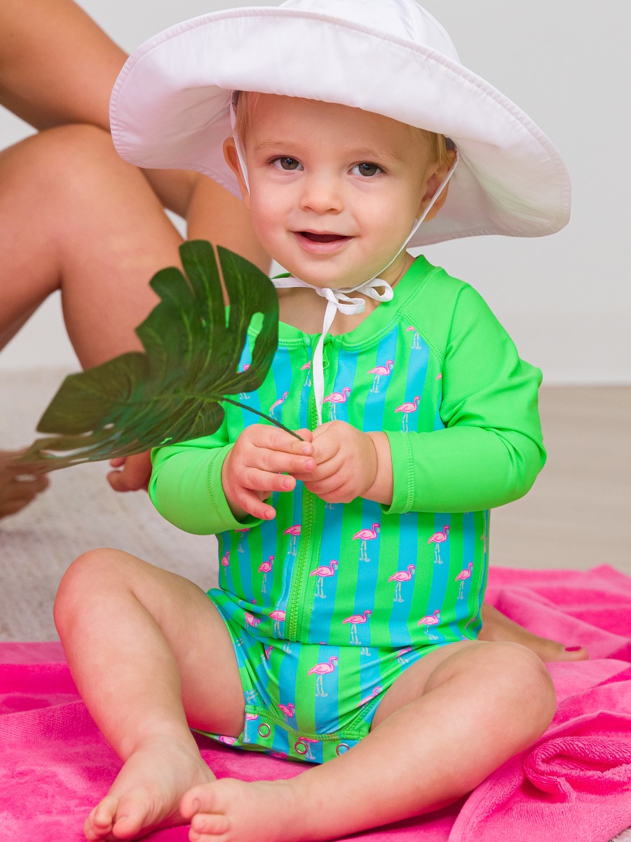 Neon Flamingo Stripe Long Sleeve One Piece Rash Guard