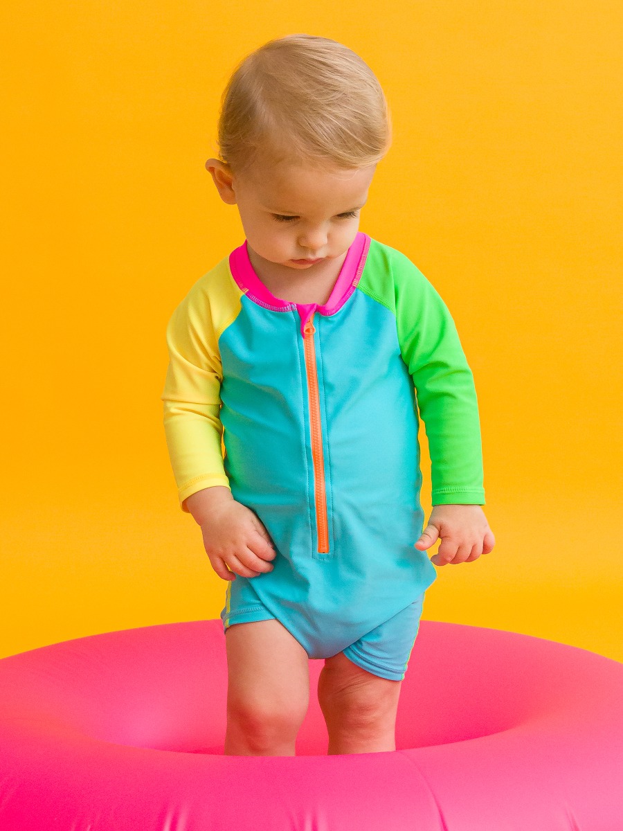 Neon Color Block Long Sleeve One Piece Rash Guard