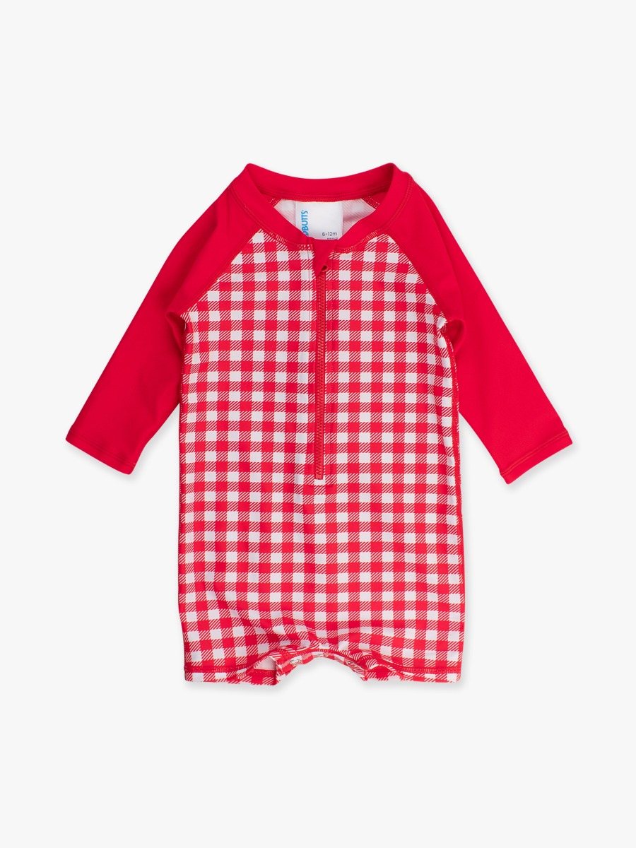 Vintage Red Gingham Long Sleeve One Piece Rash Guard Swimsuit - 3-6m