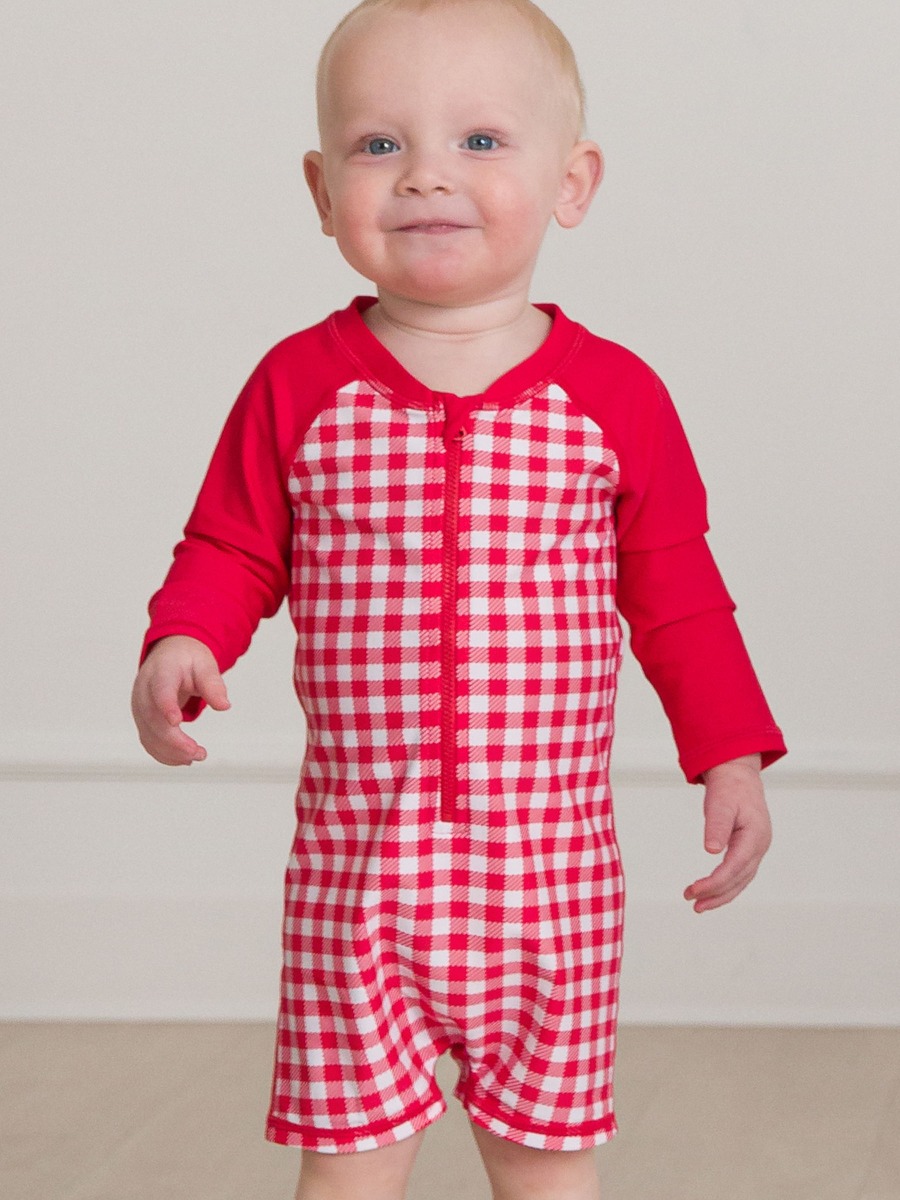 Vintage Red Gingham Long Sleeve One Piece Rash Guard Swimsuit