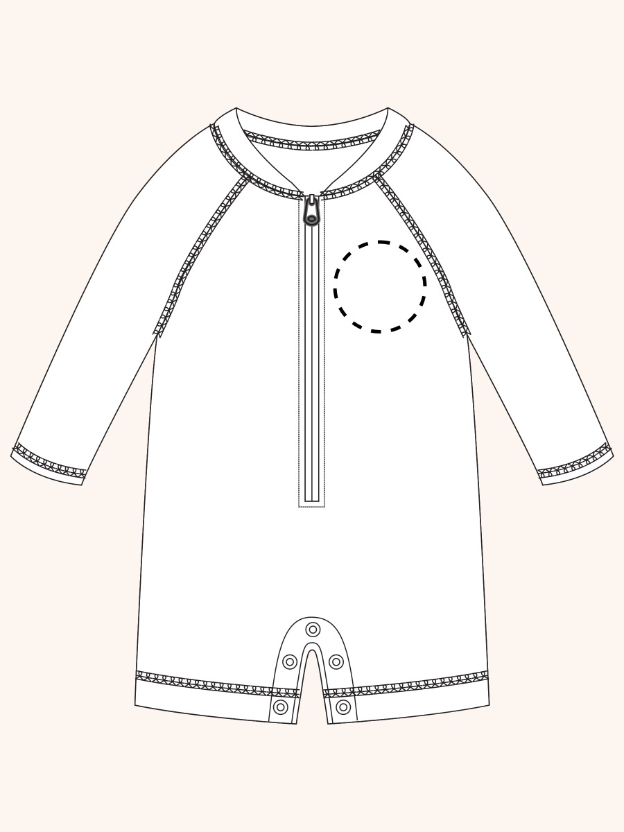 Line drawing of Coconut Cabana Boys Long Sleeve One Piece Rash Guard. A dotted circle indicates the approximate location for personalization.