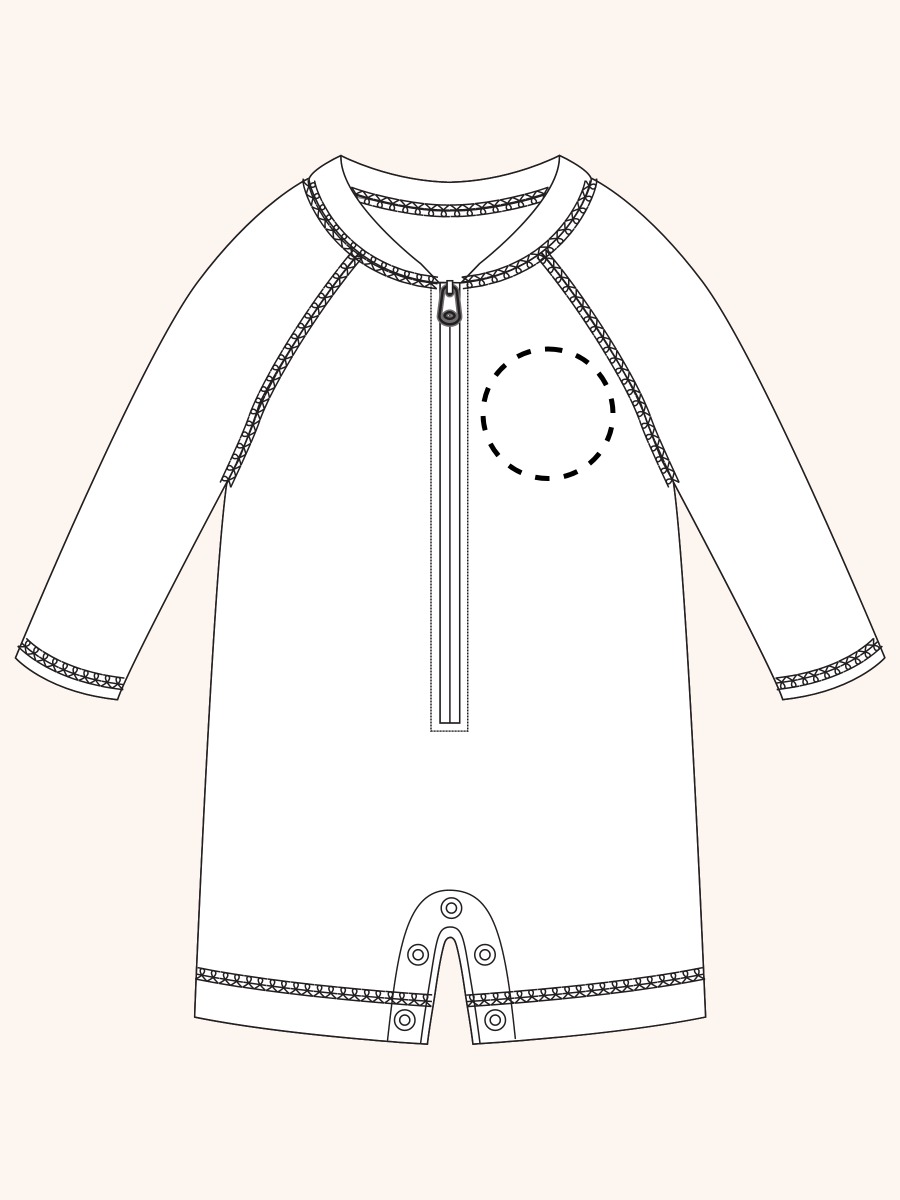 Line drawing of Neon Dino Long Sleeve One Piece Rash Guard Swimsuit. A dotted circle indicates the approximate location for personalization.