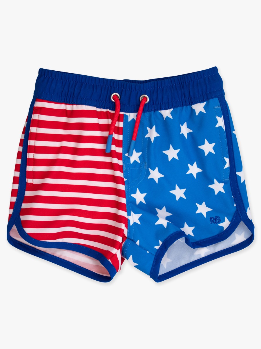 Line drawing of Stars & Stripes Performance Hybrid Dolphin Hem Swim Trunks. A dotted circle indicates the approximate location for personalization.