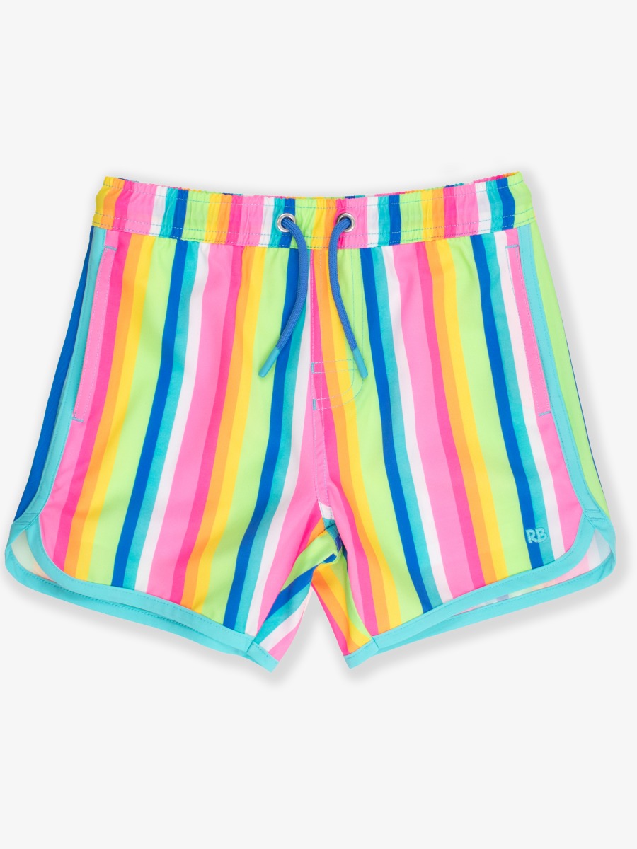 Line drawing of Neon Rainbow Stripe Performance Hybrid Dolphin Hem Swim Trunks. A dotted circle indicates the approximate location for personalization.