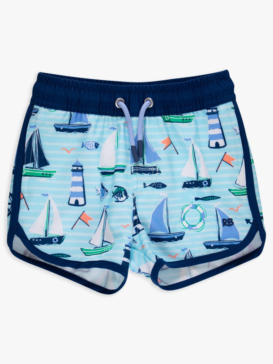 Line drawing of Blue Sweet Sails Performance Hybrid Dolphin Hem Swim Trunks. A dotted circle indicates the approximate location for personalization.