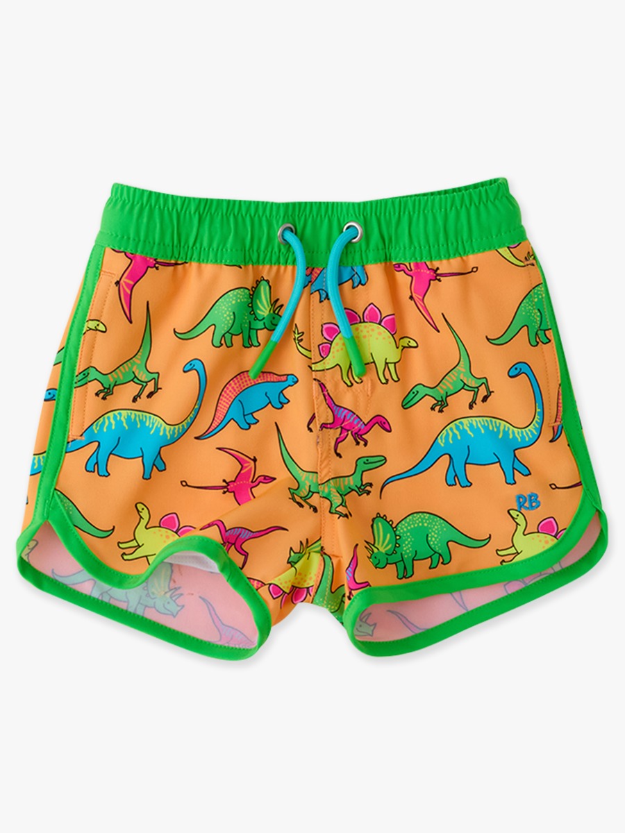 Line drawing of Neon Dino Performance Hybrid Dolphin Hem Swim Trunks. A dotted circle indicates the approximate location for personalization.