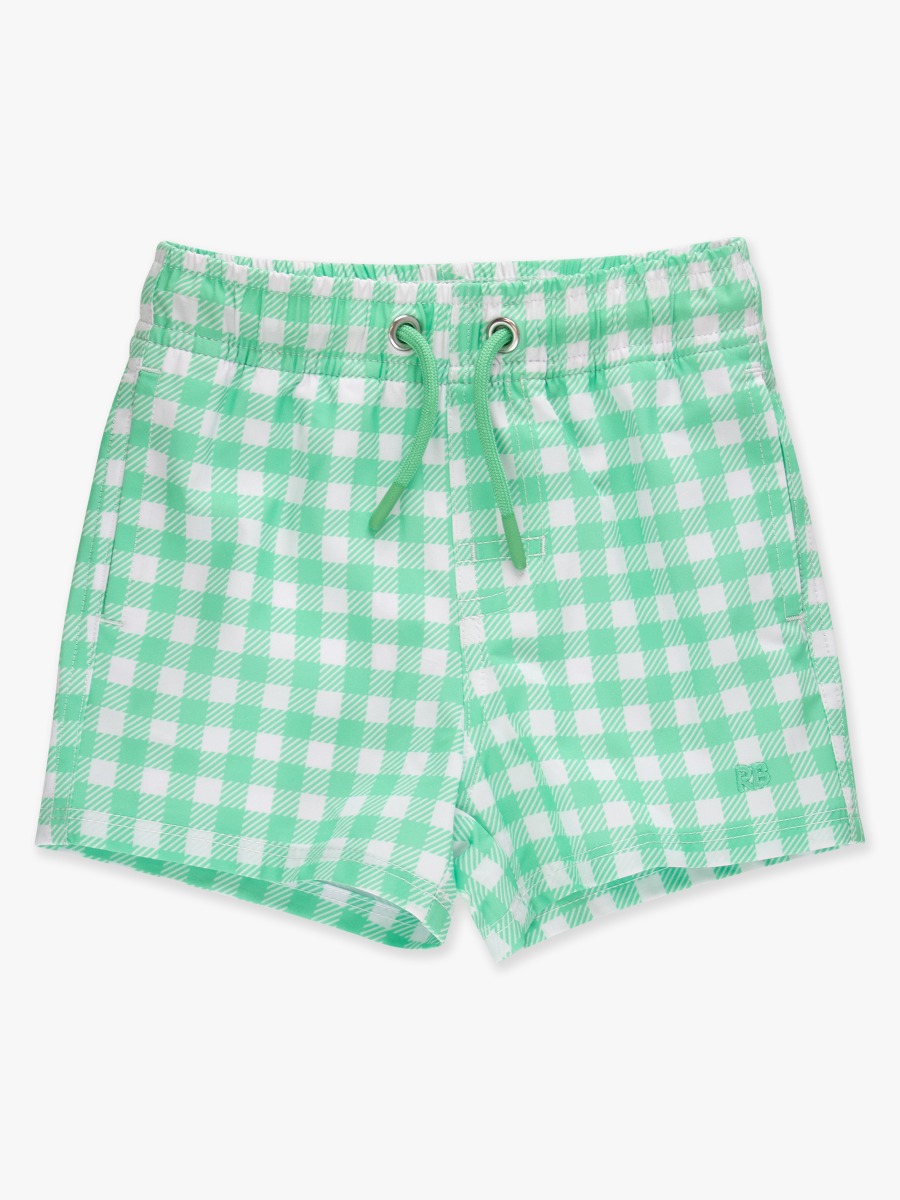 Line drawing of Spring Bud Gingham Performance Hybrid Swim Trunks. A dotted circle indicates the approximate location for personalization.