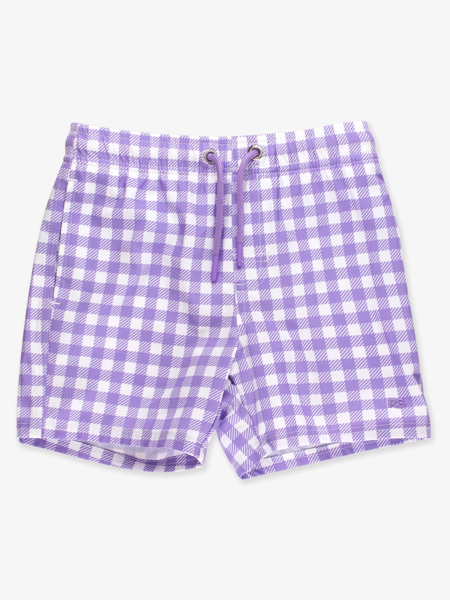 Line drawing of Wisteria Purple Gingham Performance Hybrid Swim Trunks. A dotted circle indicates the approximate location for personalization.