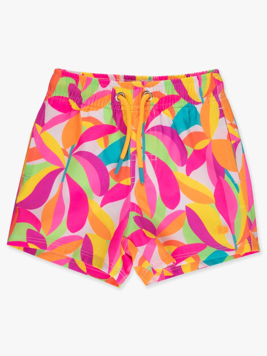Line drawing of Neon Tropical Adventure Performance Hybrid Swim Trunks. A dotted circle indicates the approximate location for personalization.