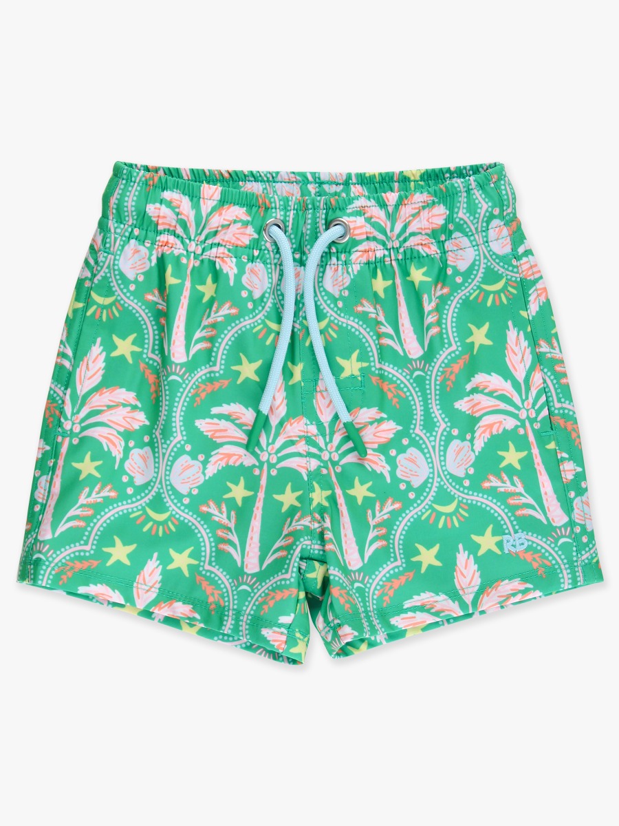 Line drawing of Coconut Cabana Performance Hybrid Swim Trunks. A dotted circle indicates the approximate location for personalization.
