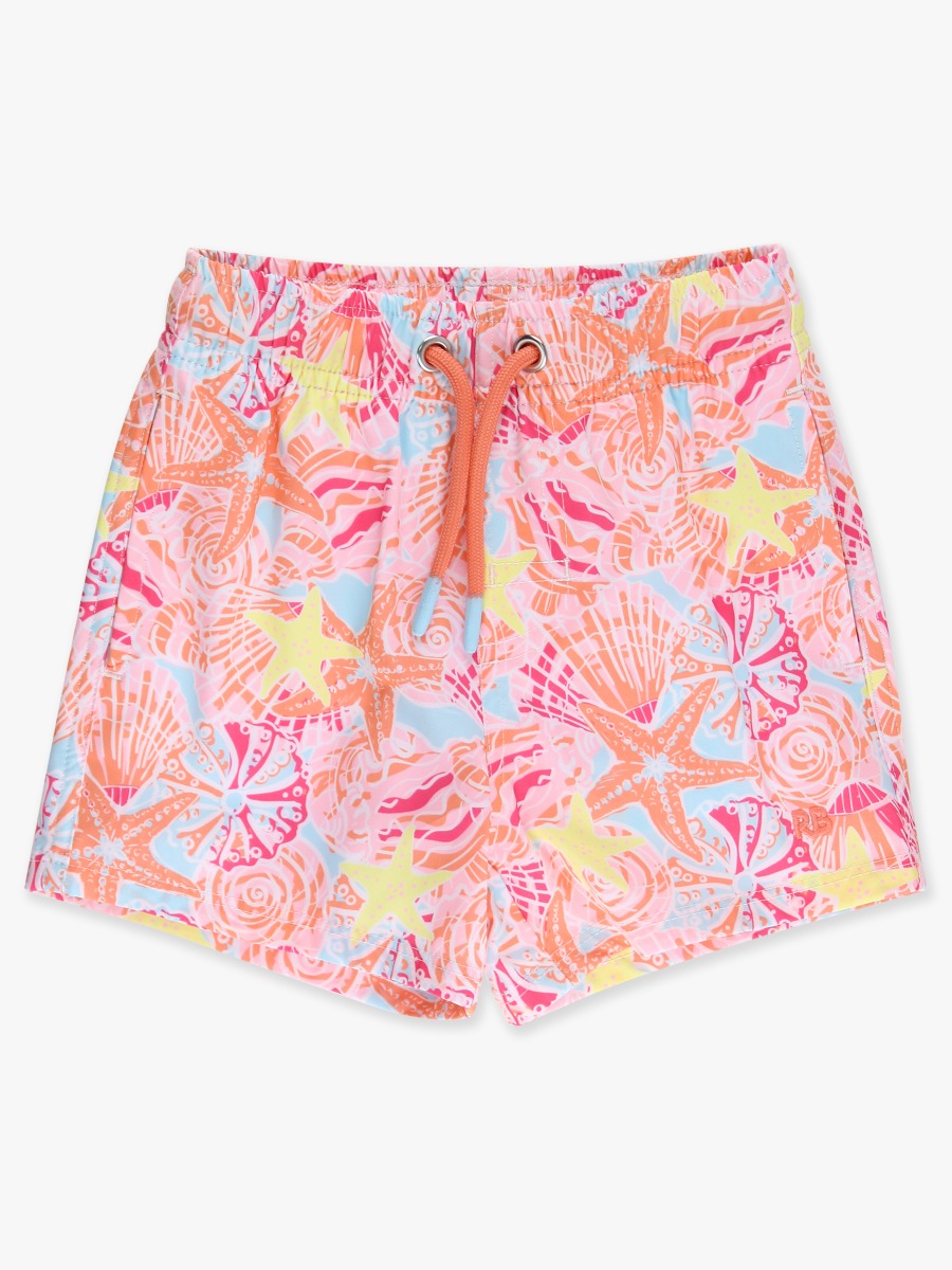 Line drawing of Sunset Seashells Performance Hybrid Swim Trunks. A dotted circle indicates the approximate location for personalization.