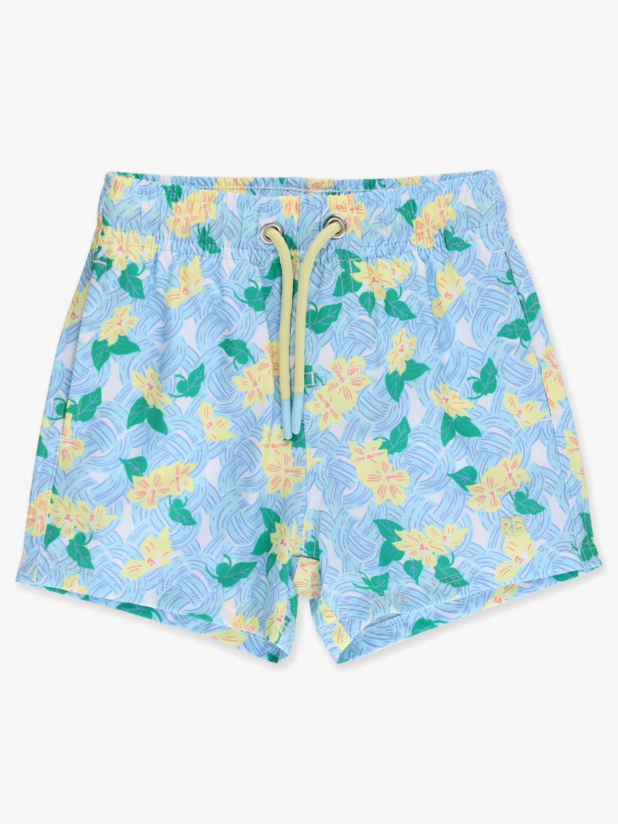 Line drawing of Blooming Basket Performance Hybrid Swim Trunks. A dotted circle indicates the approximate location for personalization.