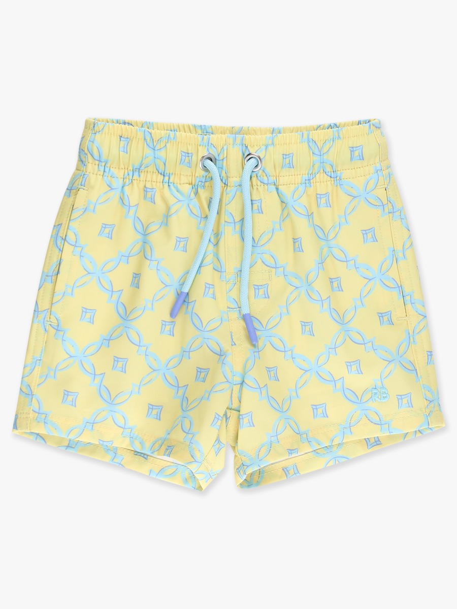 Line drawing of Banana Coastal Charm Performance Hybrid Swim Trunks. A dotted circle indicates the approximate location for personalization.
