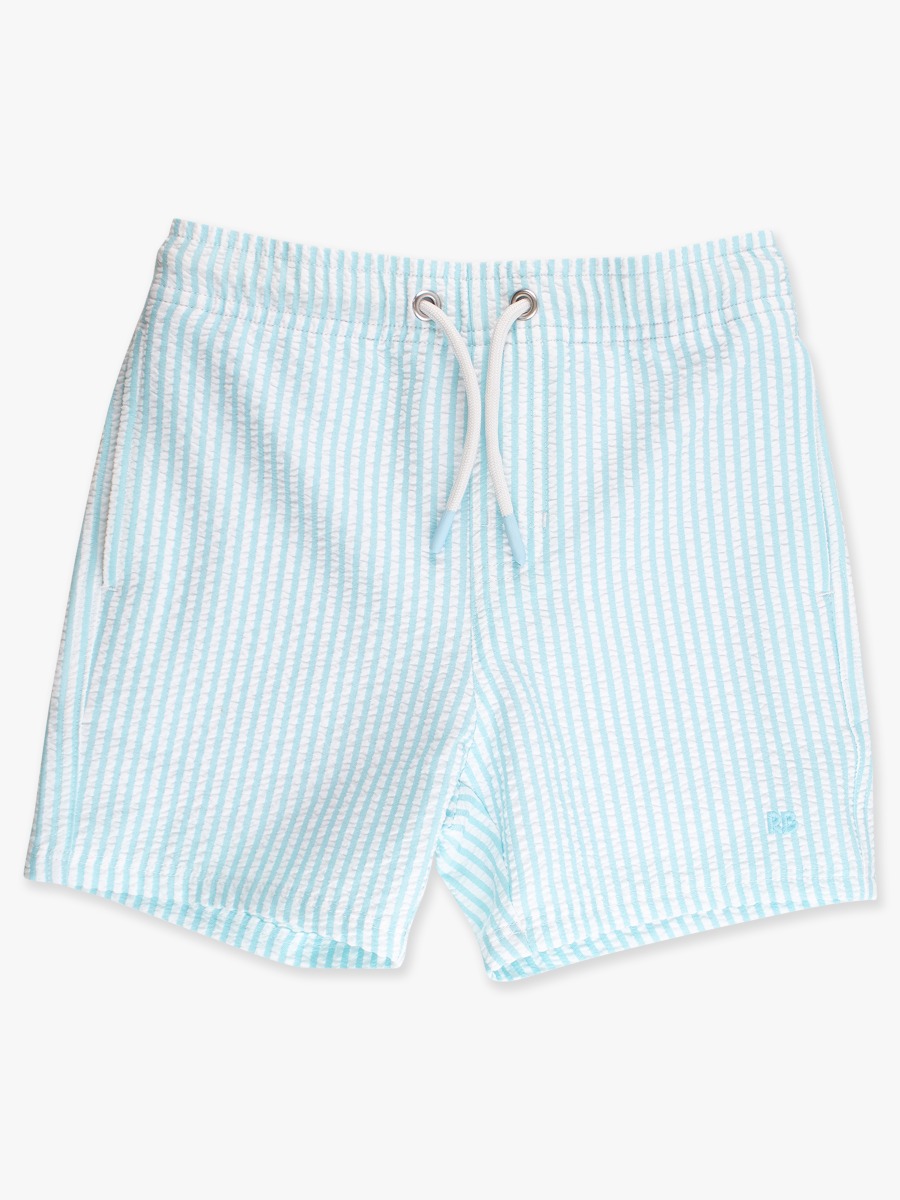Line drawing of Blue Breeze Seersucker Performance Hybrid Swim Trunks. A dotted circle indicates the approximate location for personalization.