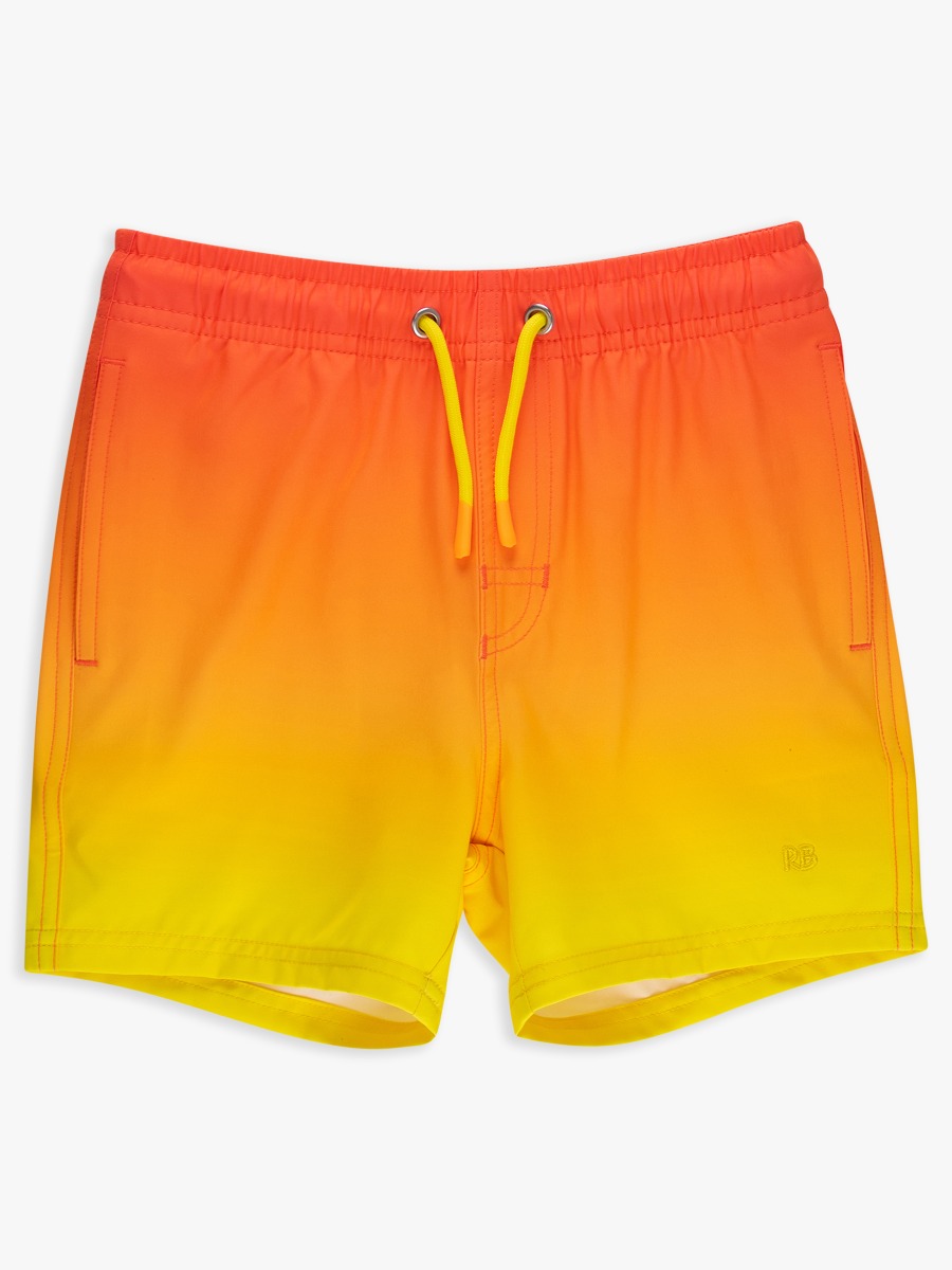 Line drawing of Neon Citrus Sunrise Performance Hybrid Swim Trunks. A dotted circle indicates the approximate location for personalization.