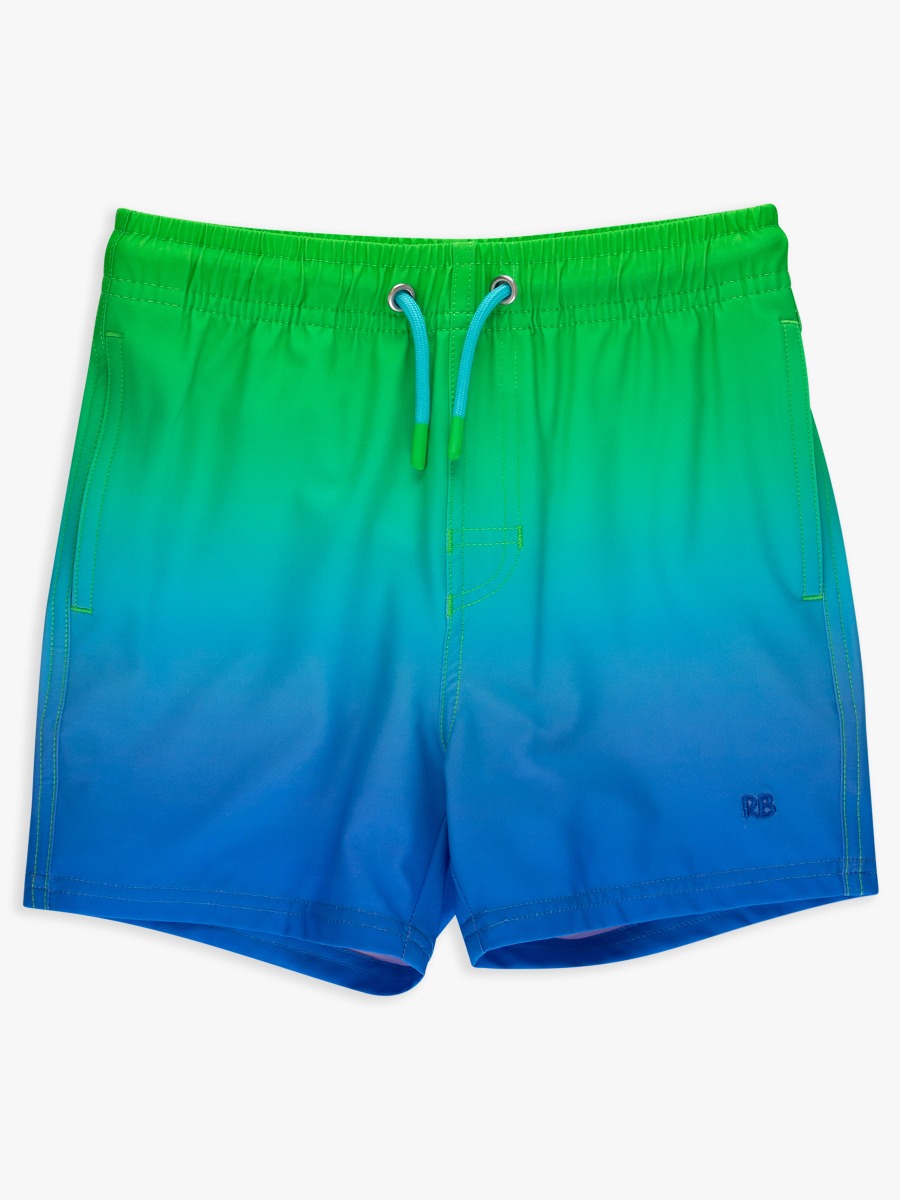Line drawing of Neon Ocean Ombre Performance Hybrid Swim Trunks. A dotted circle indicates the approximate location for personalization.