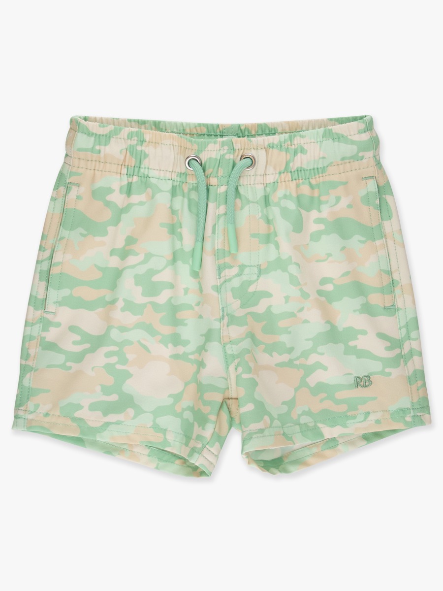 Line drawing of Sage Trail Camo Performance Hybrid Swim Trunks. A dotted circle indicates the approximate location for personalization.