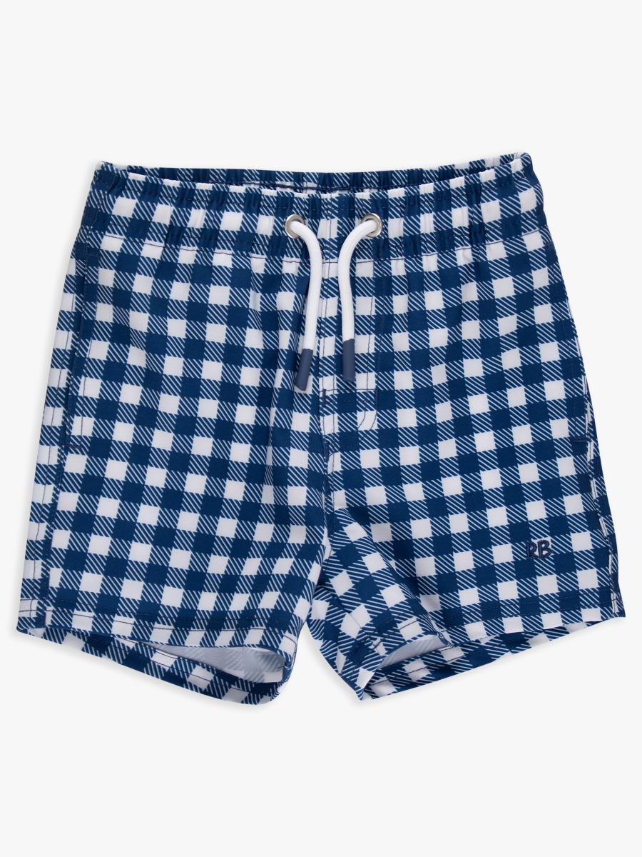 Line drawing of Navy & White Gingham Performance Hybrid Swim Trunks. A dotted circle indicates the approximate location for personalization.