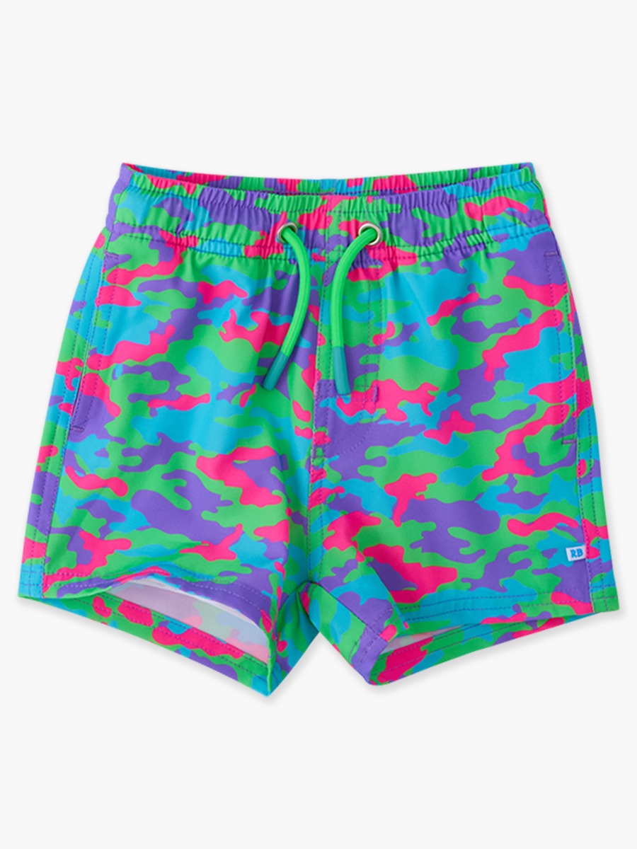 Line drawing of Neon Camo Performance Hybrid Swim Trunks. A dotted circle indicates the approximate location for personalization.