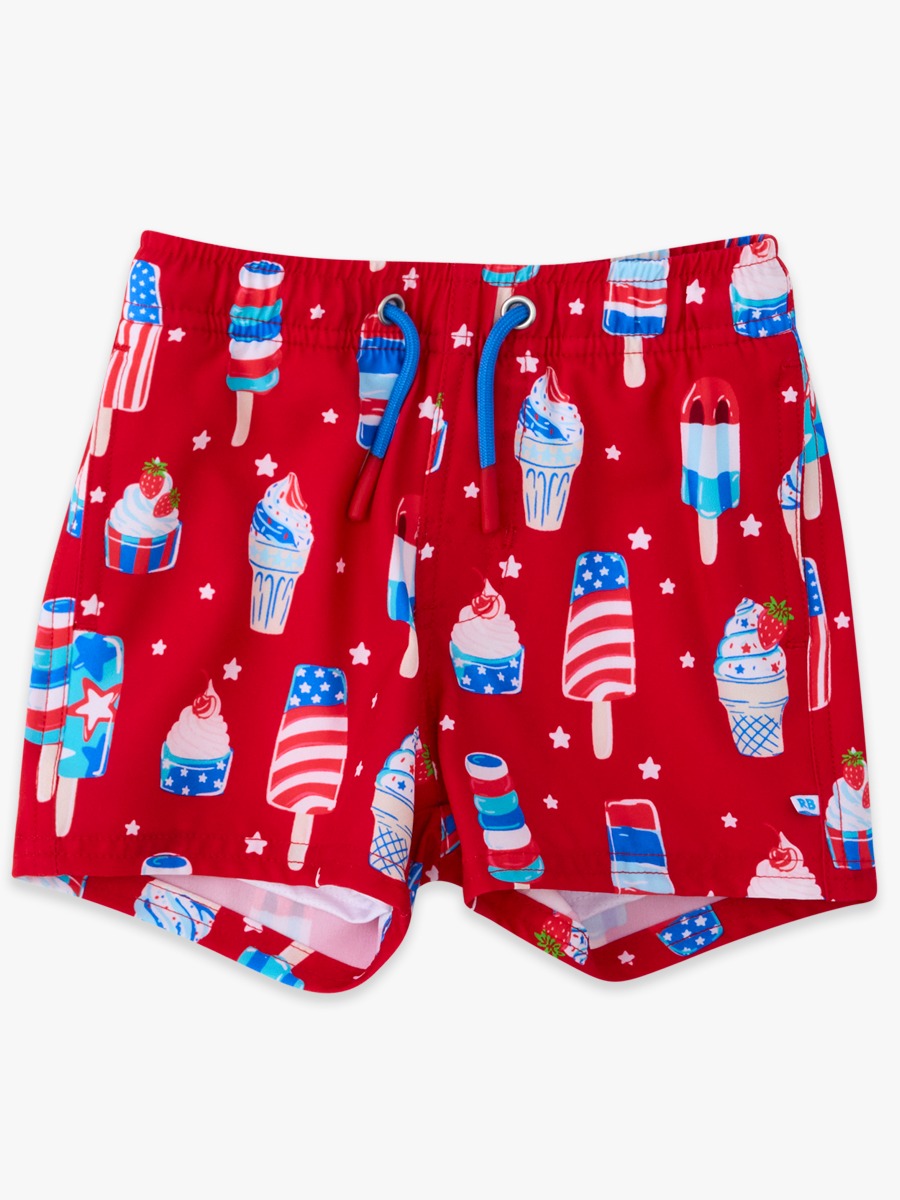 Line drawing of Stars & Scoops Performance Hybrid Swim Trunks. A dotted circle indicates the approximate location for personalization.