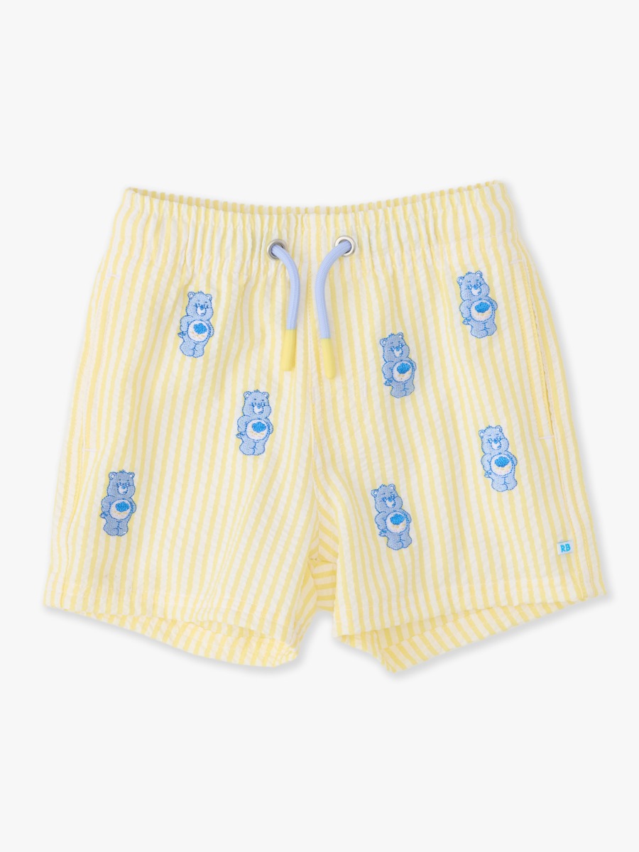 Line drawing of Banana Seersucker Grumpy Bear Care Bears Performance Hybrid Swim Trunks. A dotted circle indicates the approximate location for personalization.