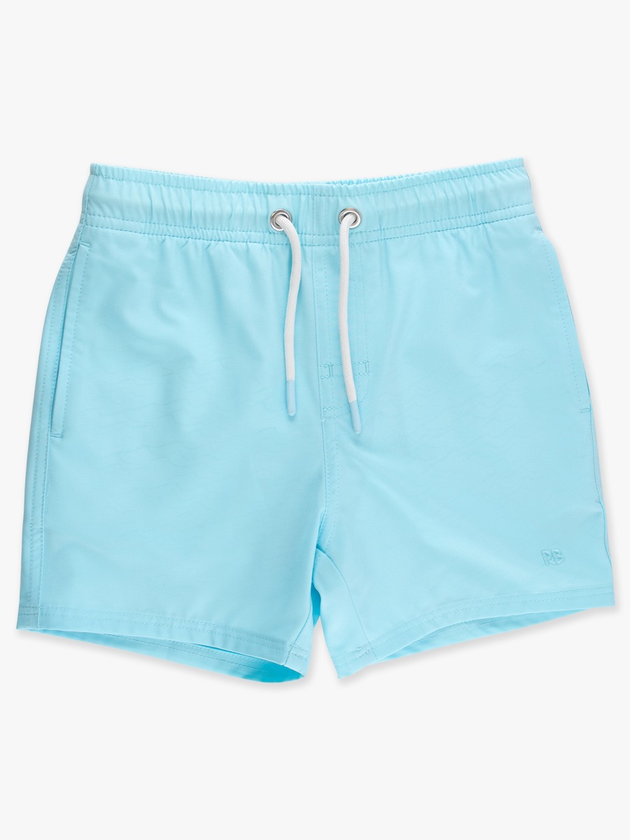 Line drawing of Blue Breeze Bay Color Changing Performance Hybrid Swim Trunks. A dotted circle indicates the approximate location for personalization.