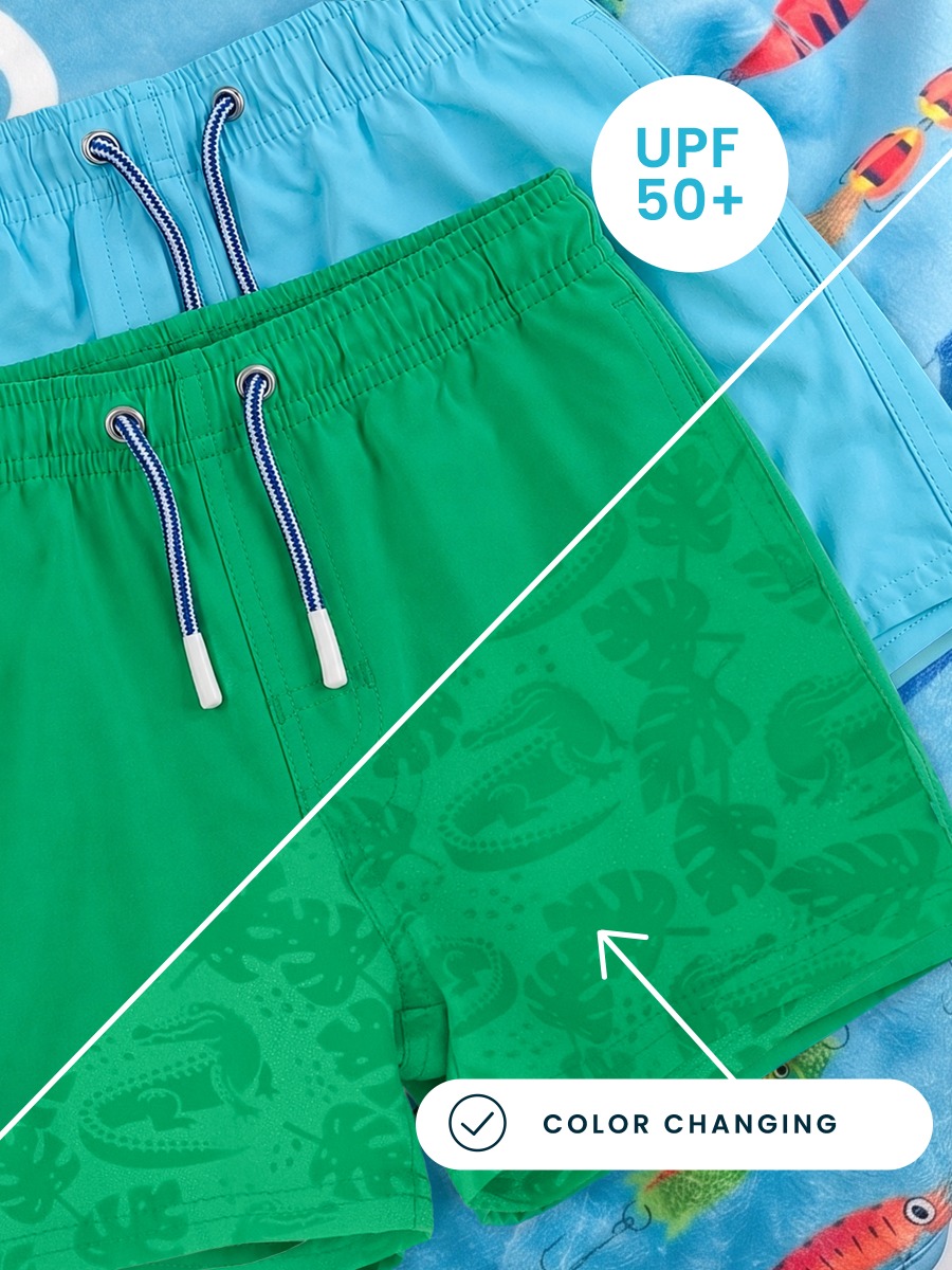 Line drawing of Bright Green Gators Color Changing Performance Hybrid Swim Trunks. A dotted circle indicates the approximate location for personalization.