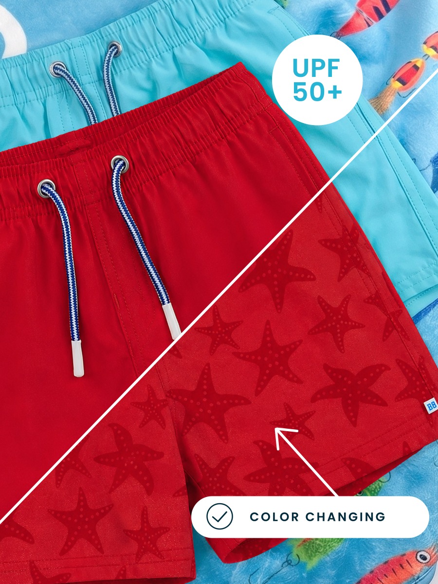 Line drawing of Vintage Red Starfish Color Changing Performance Hybrid Swim Trunks. A dotted circle indicates the approximate location for personalization.