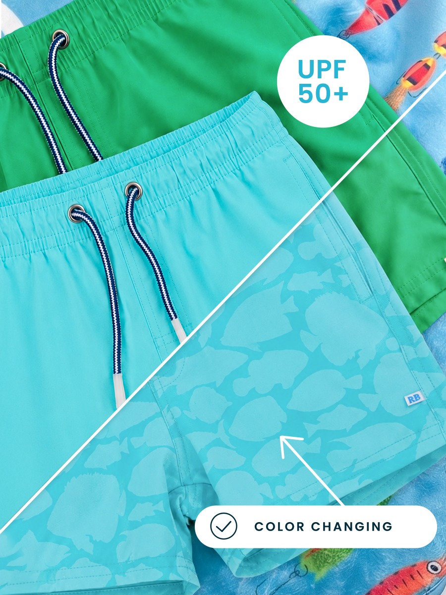 Line drawing of Bright Aqua Fish Squad Color Changing Performance Hybrid Swim Trunks. A dotted circle indicates the approximate location for personalization.