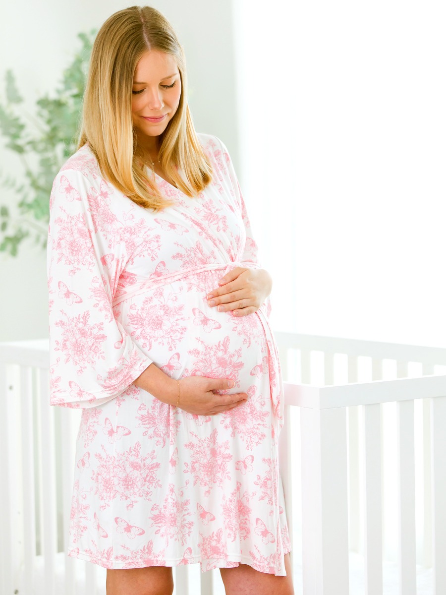 RuffleButts Pink Butterfly Garden Toile Women's Maternity Robe