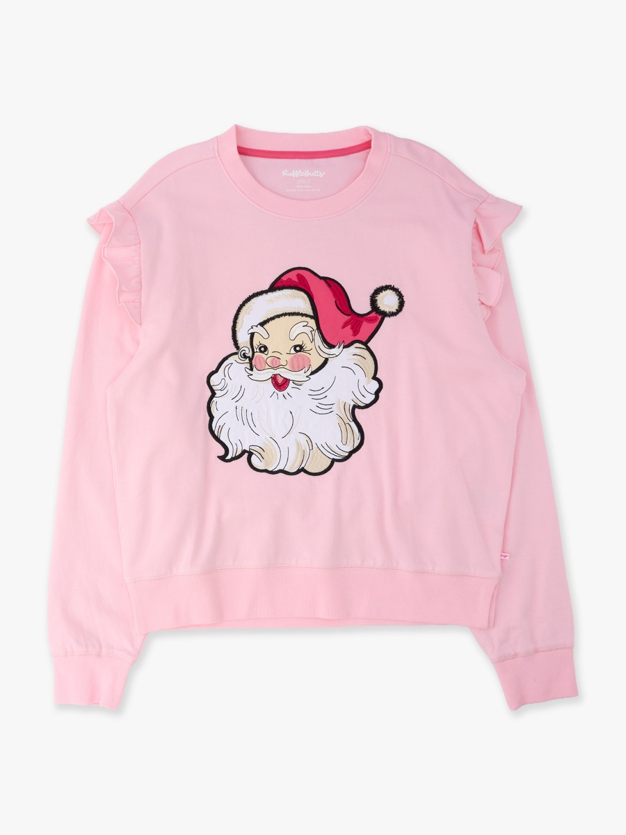 Line drawing of Santa Joy Pink Women's Applique Flutter Sweatshirt. A dotted circle indicates the approximate location for personalization.