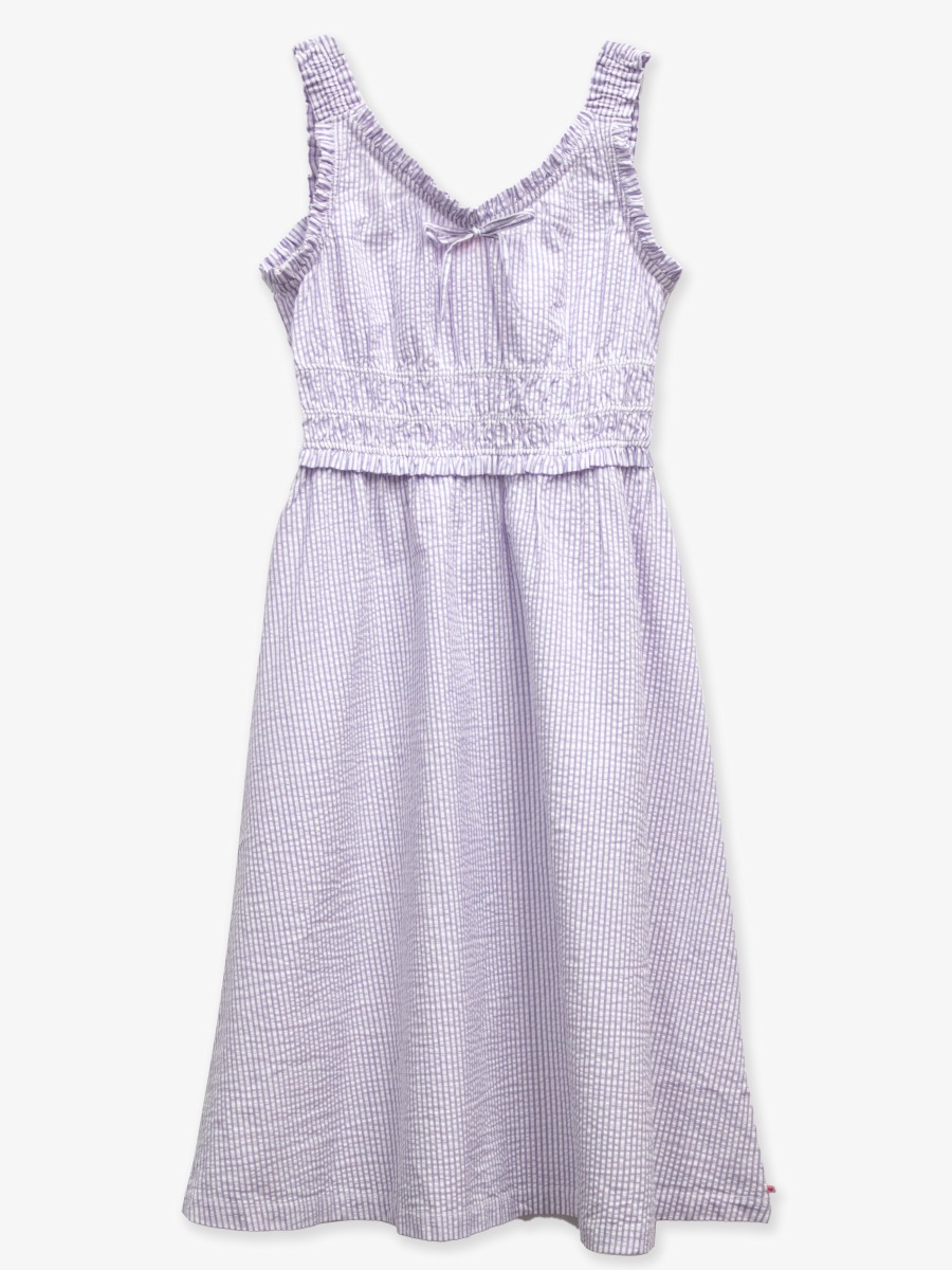 Line drawing of Wisteria Purple Signature Seersucker Women's Seersucker Smocked Ruffle Bow Midi Dress. A dotted circle indicates the approximate location for personalization.