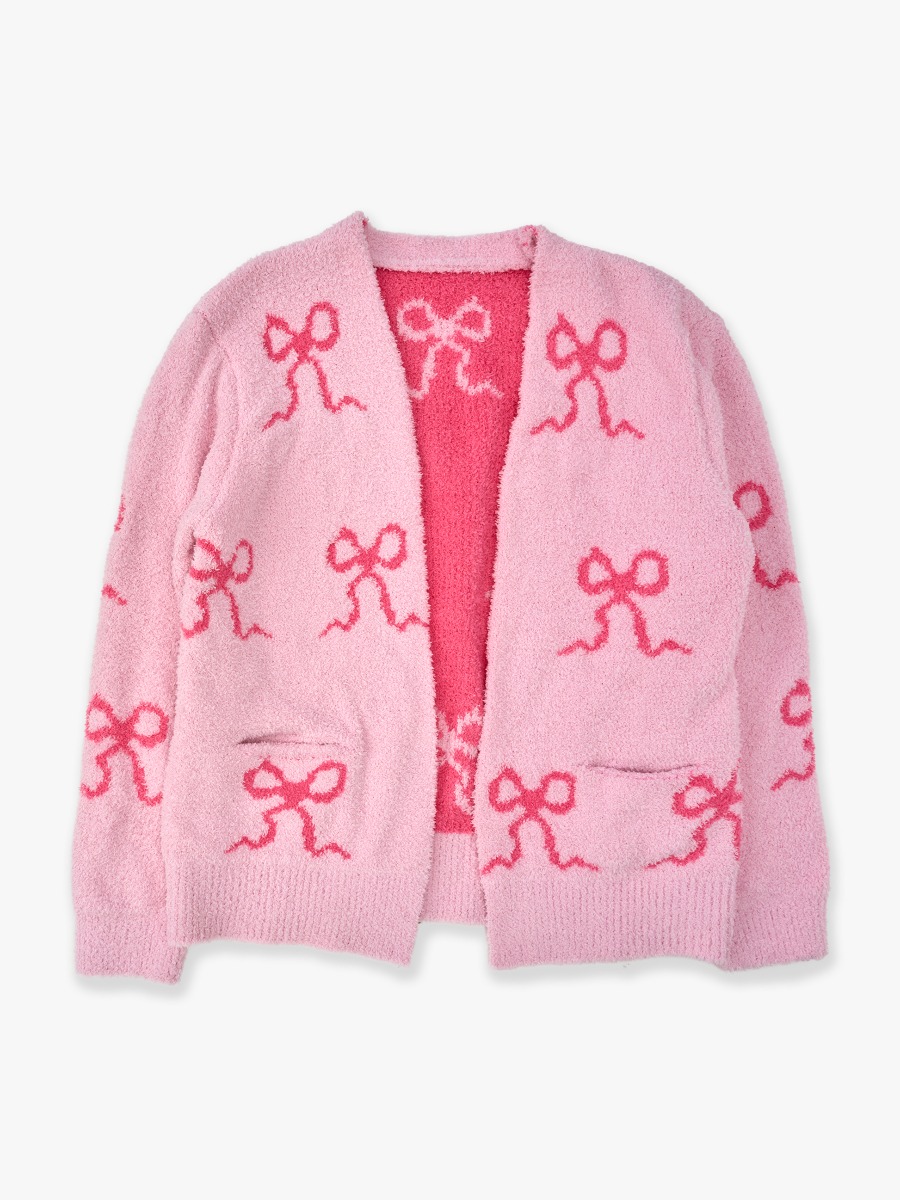 Line drawing of Hot Pink Bows Women's Cozy Sweater Knit Open Cardigan. A dotted circle indicates the approximate location for personalization.