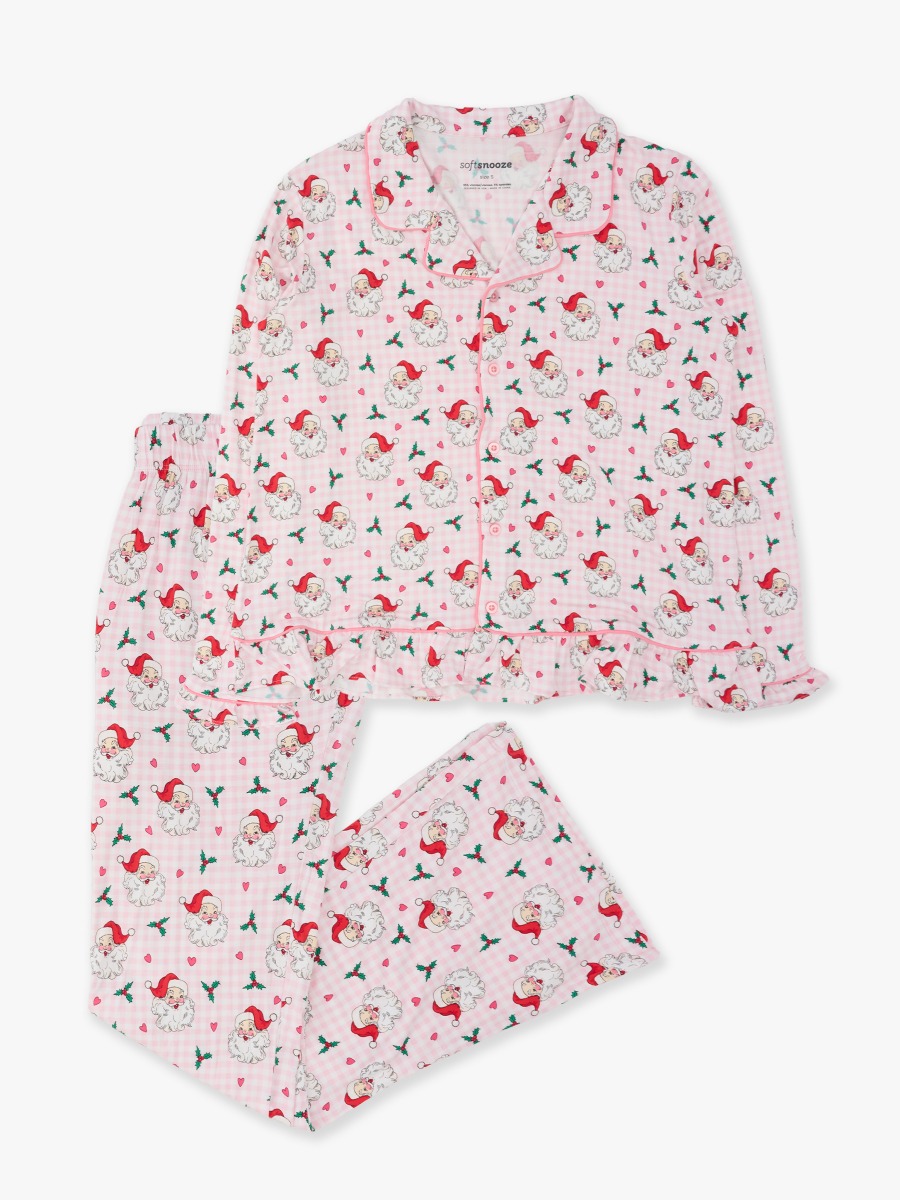 Line drawing of Pink Dear Santa Women's Ruffle Flare Pajama Set. A dotted circle indicates the approximate location for personalization.