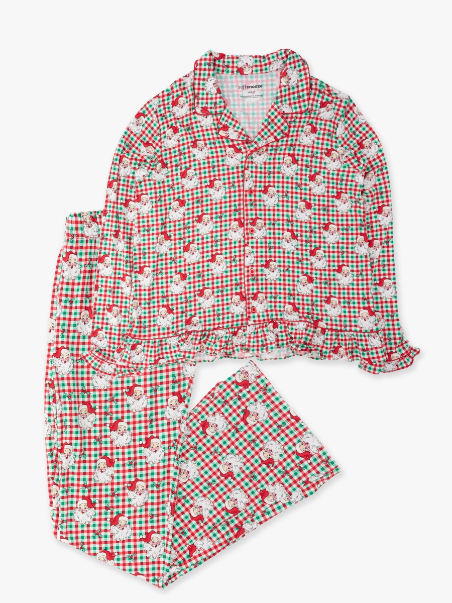 Line drawing of Red & Green Dear Santa Women's Ruffle Flare Pajama Set. A dotted circle indicates the approximate location for personalization.