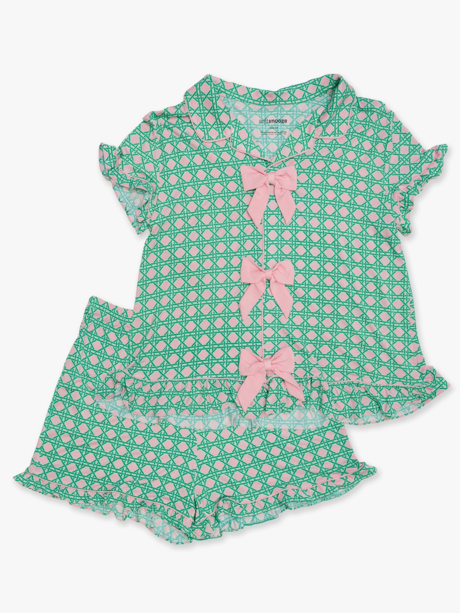 Line drawing of Pink Coastal Cane Women's Short Sleeve Bow Ruffle Pajama Set, Bamboo Viscose. A dotted circle indicates the approximate location for personalization.