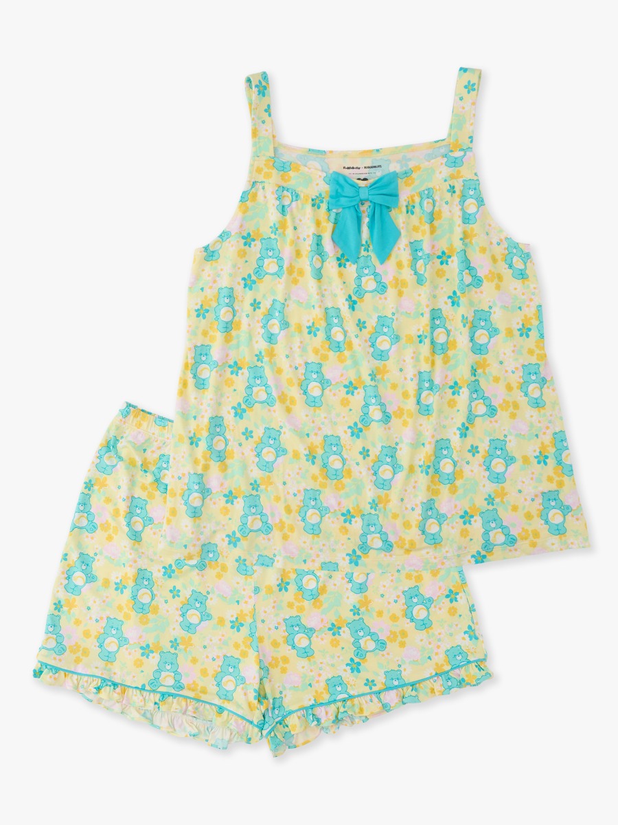 Line drawing of Banana Floral Care Bears Women's Bow Tank & Short Pajama Set. A dotted circle indicates the approximate location for personalization.
