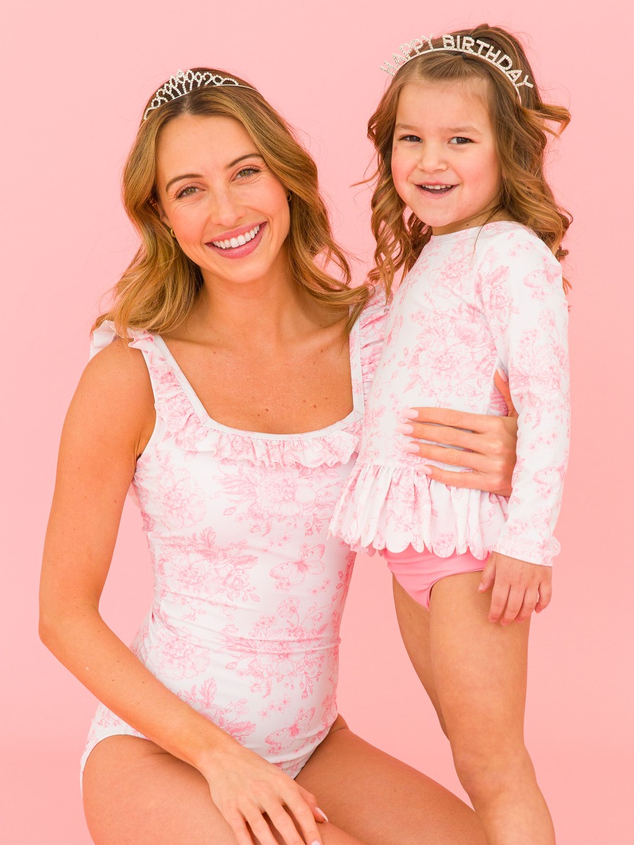 Bubblegum Pink Butterfly Garden Toile Women's Ruffle One Piece