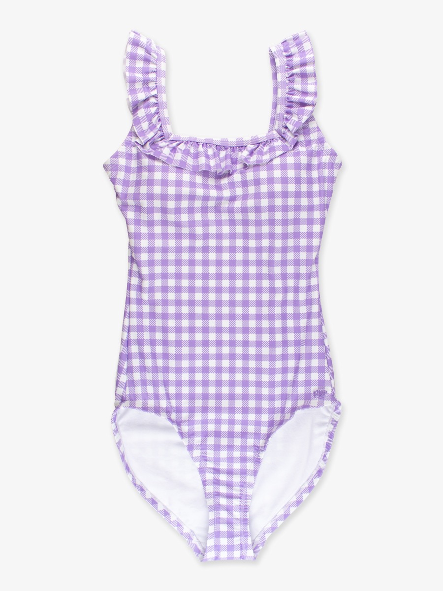 Line drawing of Wisteria Purple Gingham Women's Ruffle One Piece Swimsuit. A dotted circle indicates the approximate location for personalization.