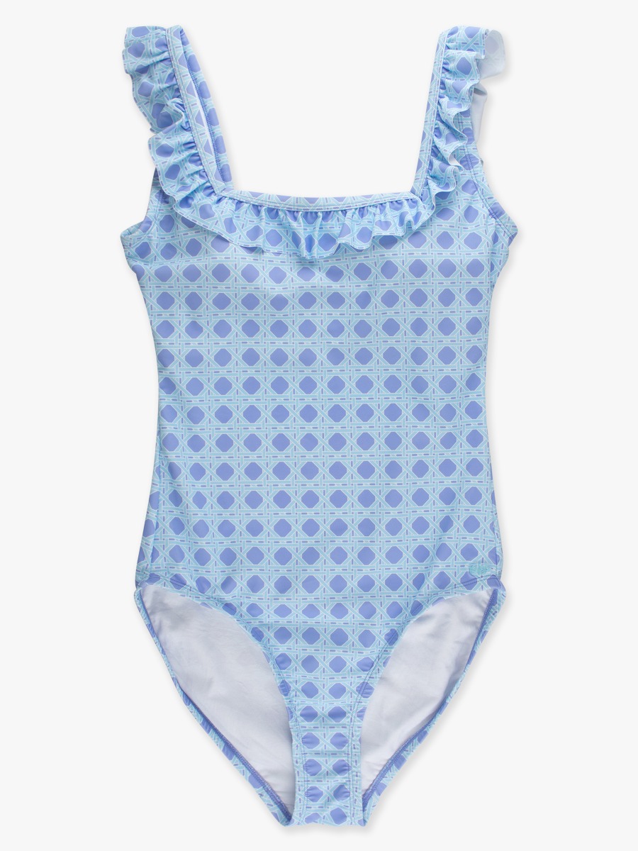 Line drawing of a swimsuit. A dotted circle is placed on the front center of the swimsuit's chest area, indicating the approximate location for personalization.