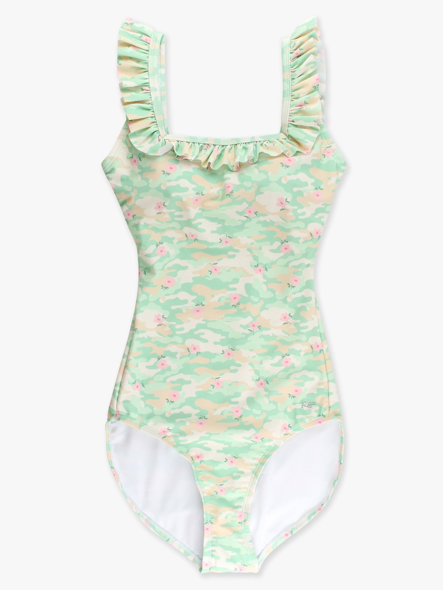 Line drawing of Sage Blossom Camo Women's Ruffle One Piece Swimsuit. A dotted circle indicates the approximate location for personalization.