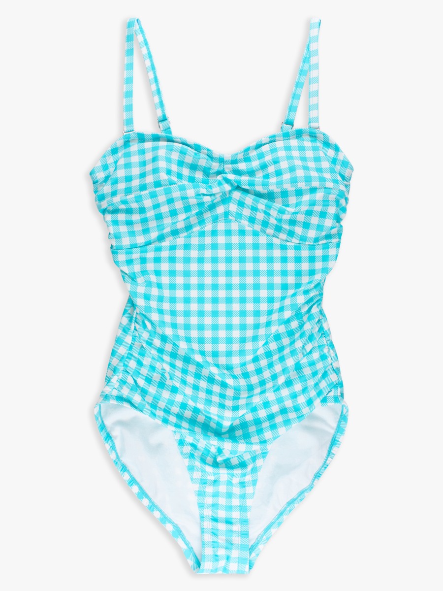 Line drawing of Bright Aqua Gingham Women's Convertible Bandeau One Piece Swimsuit. A dotted circle indicates the approximate location for personalization.