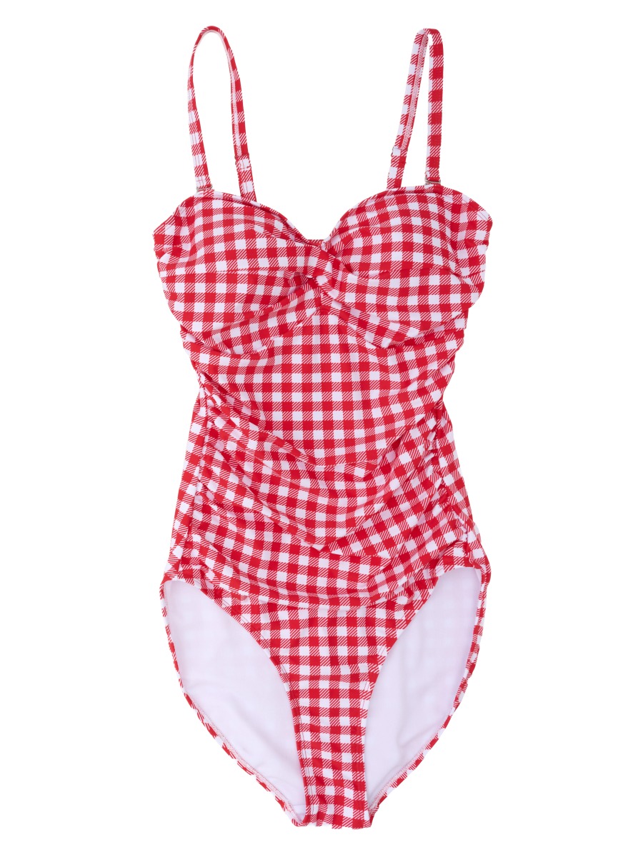 Line drawing of Vintage Red Gingham Women's Convertible Bandeau One Piece Swimsuit. A dotted circle indicates the approximate location for personalization.